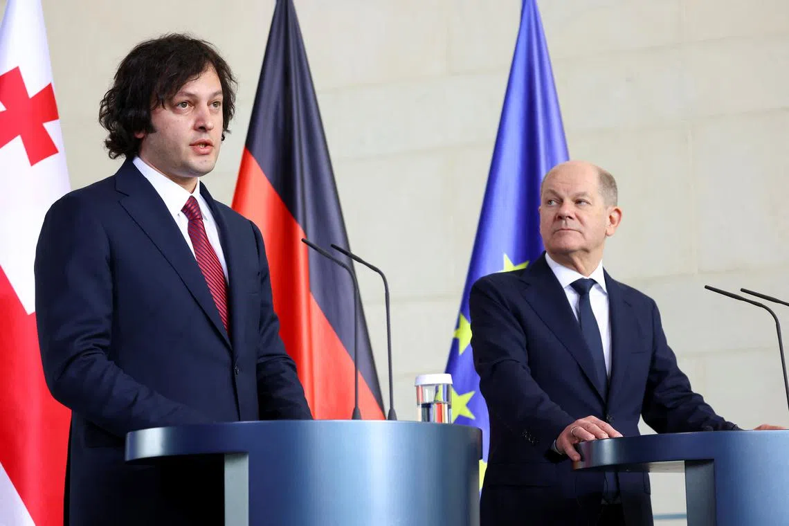 German Chancellor Olaf Scholz and Georgian Prime Minister Irakli Kobakhidze attend a joint press conference, in Berlin, Germany, April 12, 2024. REUTERS/Nadja Wohlleben