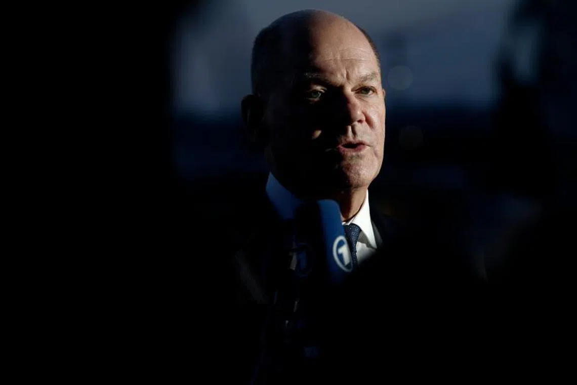 German Chancellor Olaf Scholz gives a statement, following the informal summit of European leaders on the situation in Ukraine and European security, at the German Embassy in Paris on February 17, 2025. (Photo by Behrouz MEHRI / AFP)