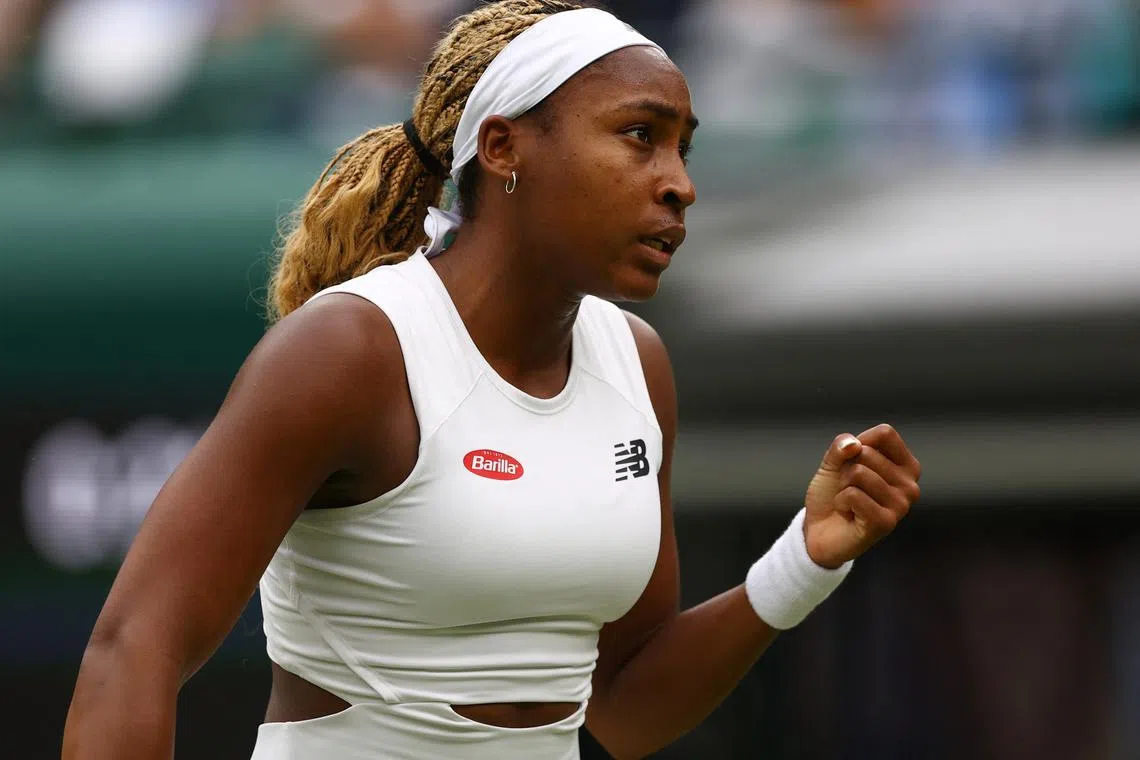 Tennis - Wimbledon - All England Lawn Tennis and Croquet Club, London, Britain - July 3, 2024 Coco Gauff of the U.S. reacts during her second round match against Romania's Anca Todoni REUTERS/Matthew Childs