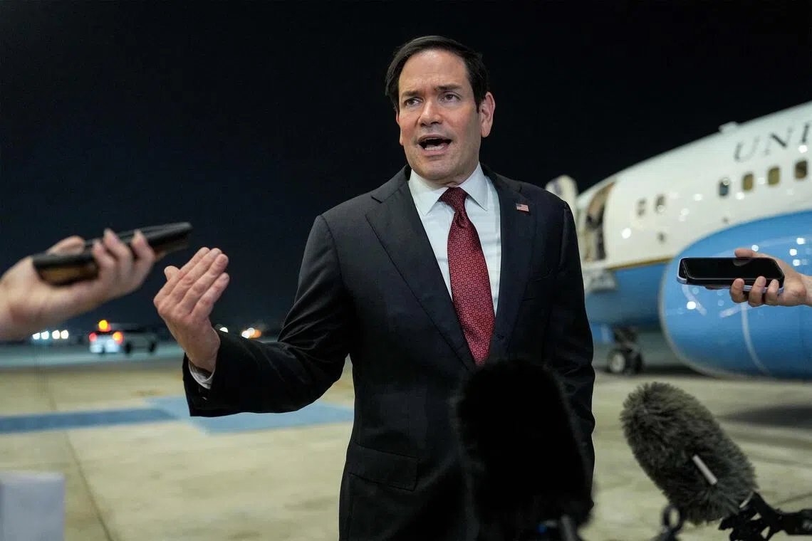 US Secretary of State Marco Rubio speaking to the media upon his arrival in Abu Dhabi on June 23.