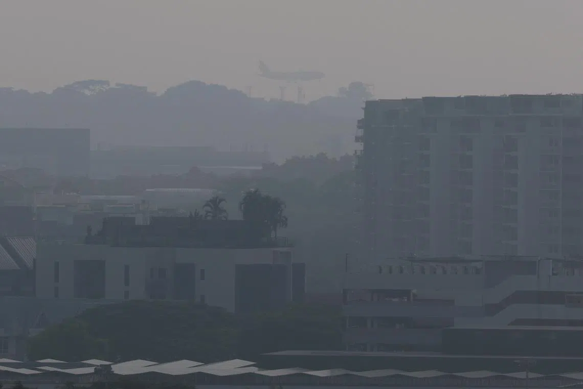 An aeroplane in the distance, preparing to land in hazy conditions as seen in Pasir Ris at 9am on Oct 7. The 24-hour PSI as of 9am in the east was 107.