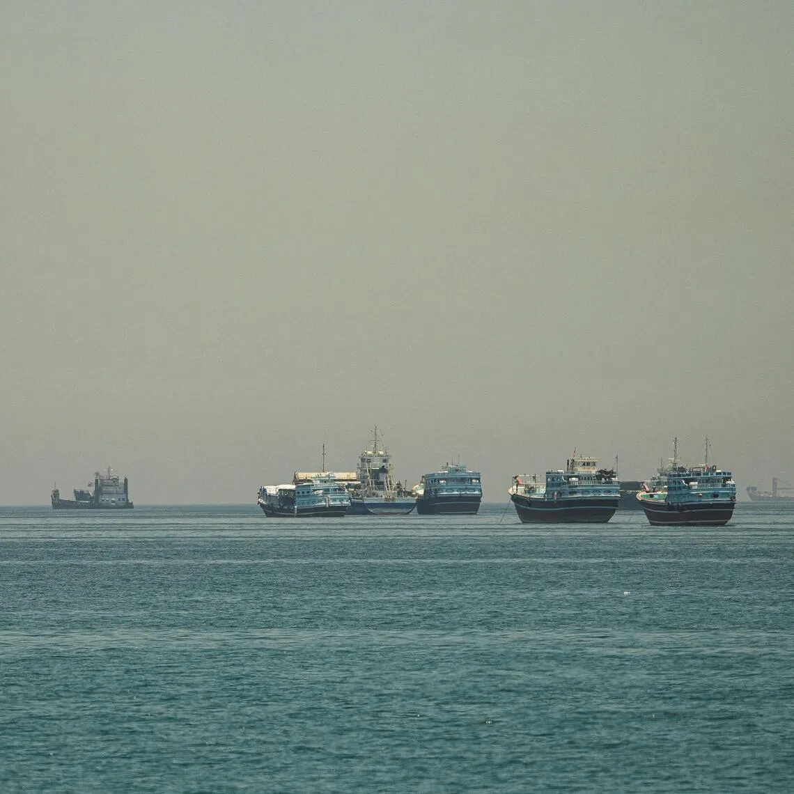 Vessels anchored in the Strait of Hormuz, as seen from Musandam, Oman, on May 25.