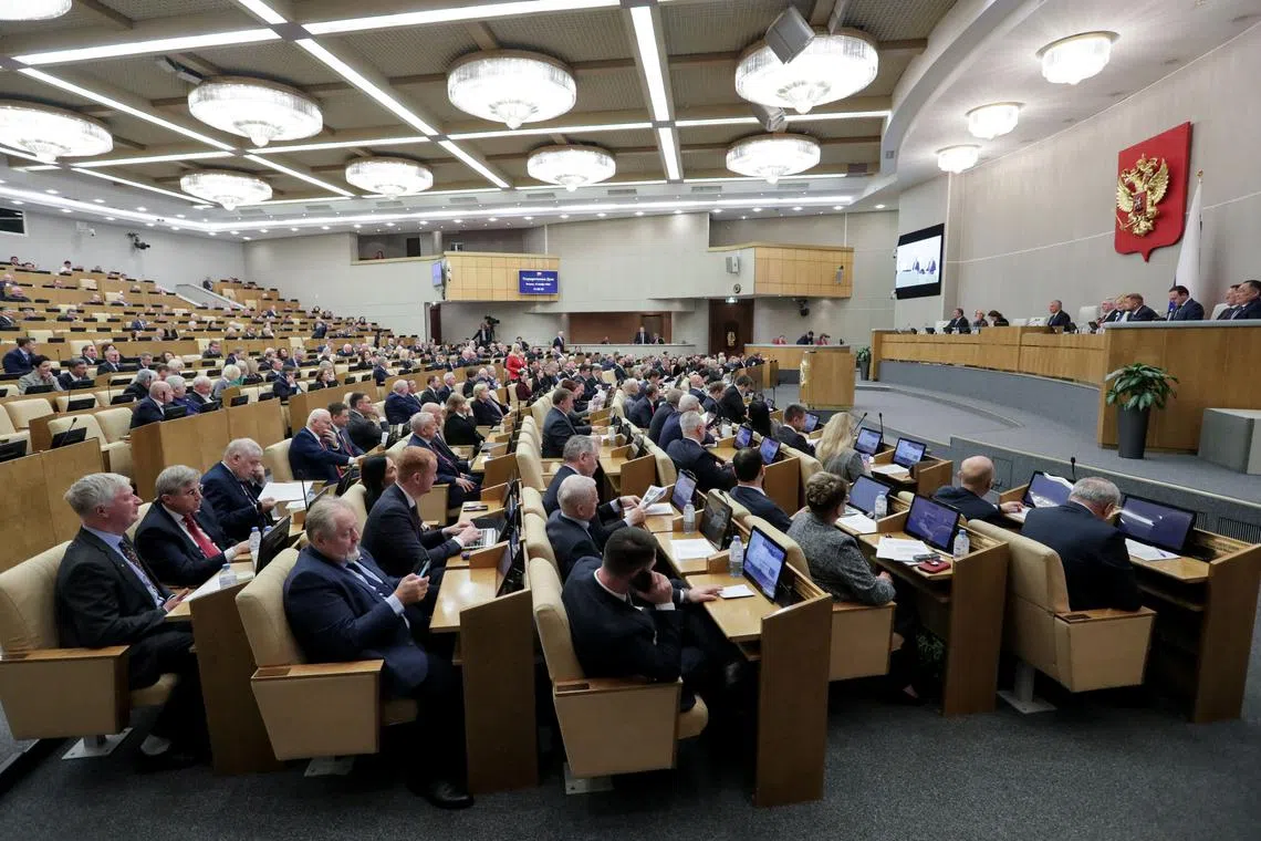 Members of the State Duma, the lower house of parliament, attend a plenary session in Moscow, Russia December 10, 2024. Russian State Duma/Handout via REUTERS