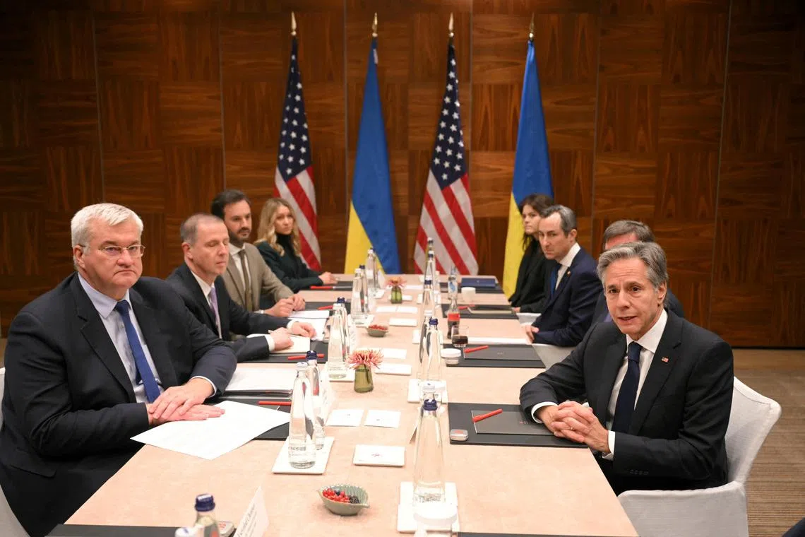 Ukrainian Foreign Minister Andrii Sybiha (left) meeting US Secretary of State Antony Blinken in Brussels, on Nov 13.