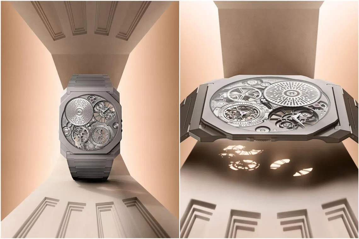  The watch’s skeletonised design showcases intricate mechanics, including a flying tourbillon, through both the front and back.