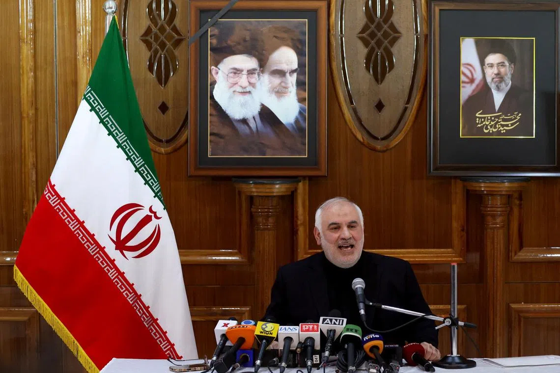 Iran's ambassador to India, Mohammad Fathali, addresses a press conference in New Delhi, India, April 13, 2026. REUTERS/Bhawika Chhabra