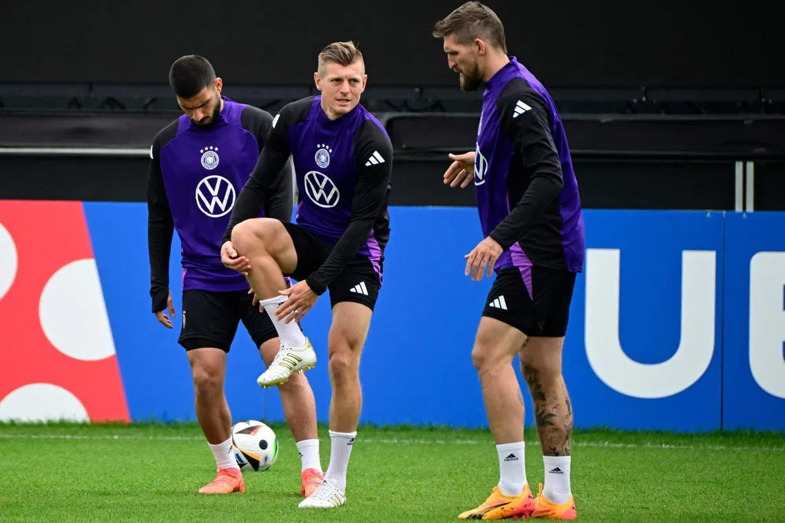 Germany' midfielder Toni Kroos during a training session at the team's training camp in Herzogenaurach on June 11, 2024.