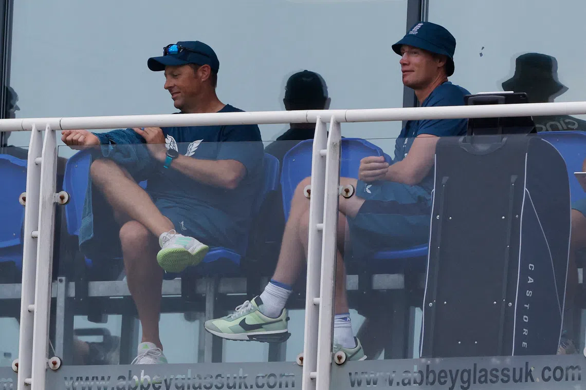 Cricket - One Day International - England v New Zealand - Sophia Gardens, Cardiff, Wales, Britain - September 8, 2023 England assistant coach Marcus Trescothick and Andrew Flintoff on the balcony during the match Action Images via Reuters/Andrew Couldridge