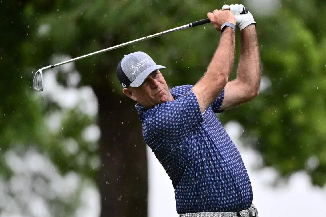 Stewart Cink of the United States plays his shot from the eighth tee during the second round of the Valspar Championship.