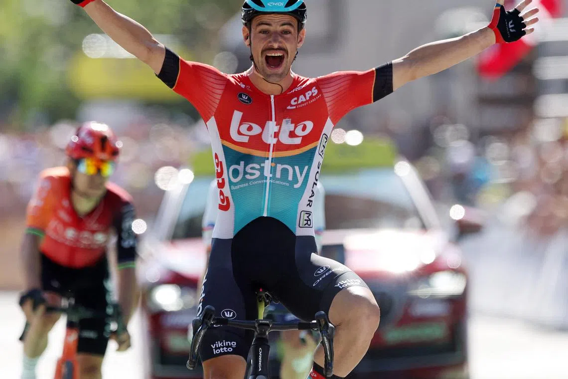 Lotto Dstny's Victor Campenaerts celebrates winning Stage 18 of the Tour de France.