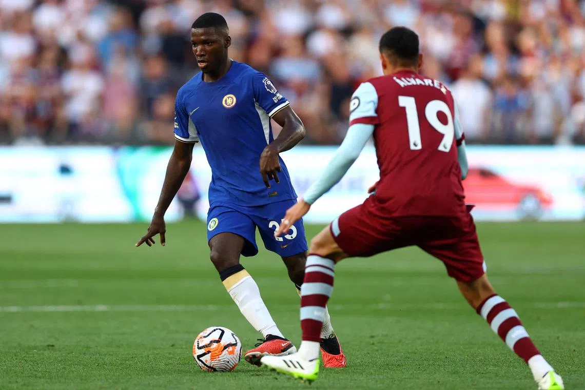 Chelsea's Moises Caicedo in action against West Ham United's Edson Alvarez.