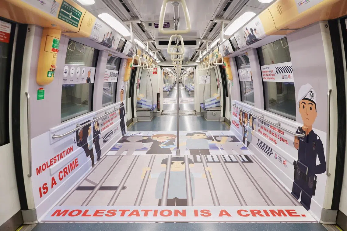 The interior of the SPF's General view of SPF’s Public Transport Security Command (TransCom) first Police concept train at Harbourfront MRT station, on Nov 2, 2023.