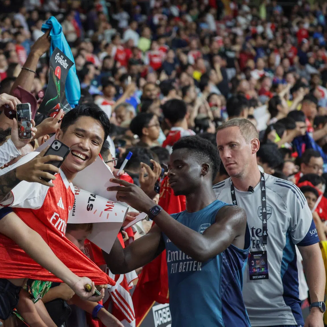 Arsenal player, Bukayo Saka interacting with fans at National Stadium on July 24, 2025.