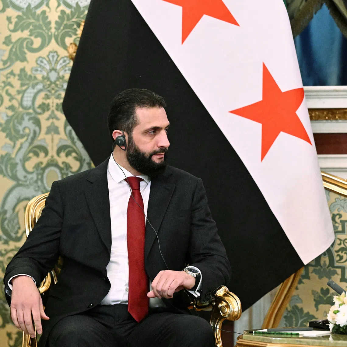 FILE PHOTO: Syria's President Ahmed al-Sharaa attends a meeting with Russia's President Vladimir Putin in Moscow, Russia, October 15, 2025. Sputnik/Sergey Bobylyov/Pool via REUTERS