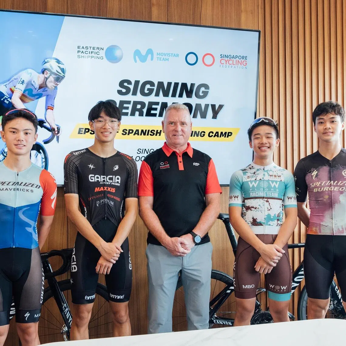 (From left) National cyclists Lim Ming Wei, Lem Jia Jie, SCF high performance director Shayne Bannan, Chen Yuk Hao and Jayden Leung.