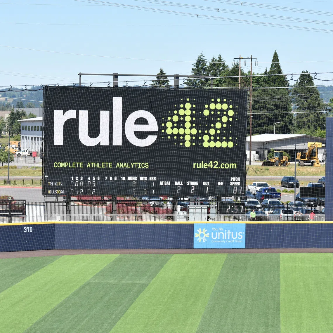 The logo of Rule42 Sports Technology Group, an online platform where scouts and coaches can discover amateur athletes, is displayed at the Hops Ballpark for the Hillsboro Hops minor league baseball team in Hillsboro, Oregon, U.S., June 2026, in this handout image obtained by Reuters on August 4, 2026. Hillsboro Hops/Handout via REUTERS