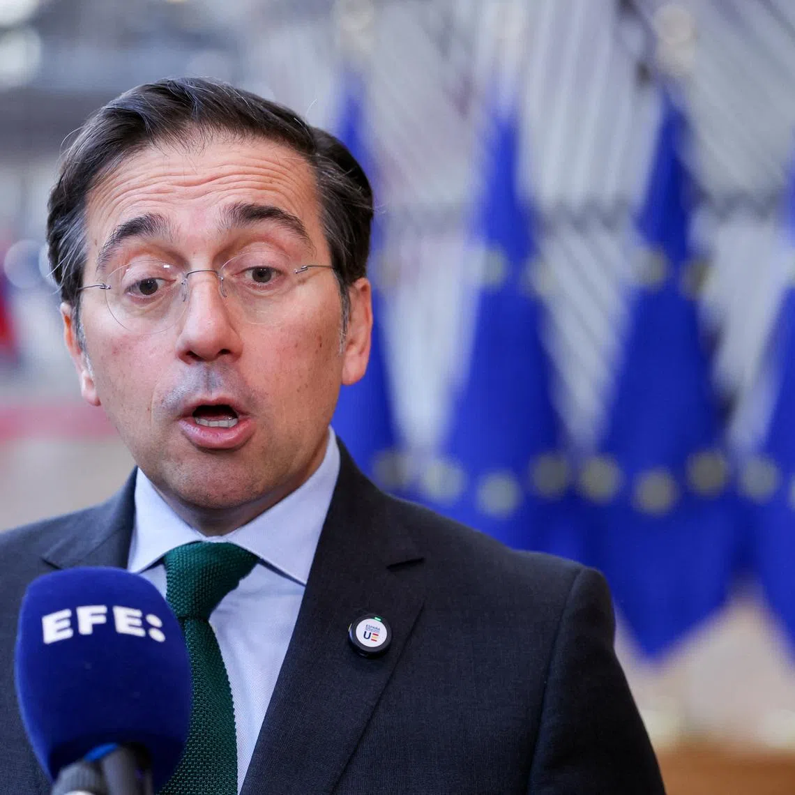 Spanish Foreign Minister Jose Manuel Albares speaks to the media on the day of an EU Foreign Affairs Council in Brussels, Belgium December 15, 2025. REUTERS/Omar Havana