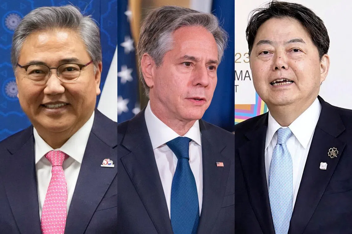 Mr Blinken (centre) spoke separately with South Korean Foreign Minister Park Jin (left) and Japan’s Minister for Foreign Affairs Yoshimasa Hayashi.