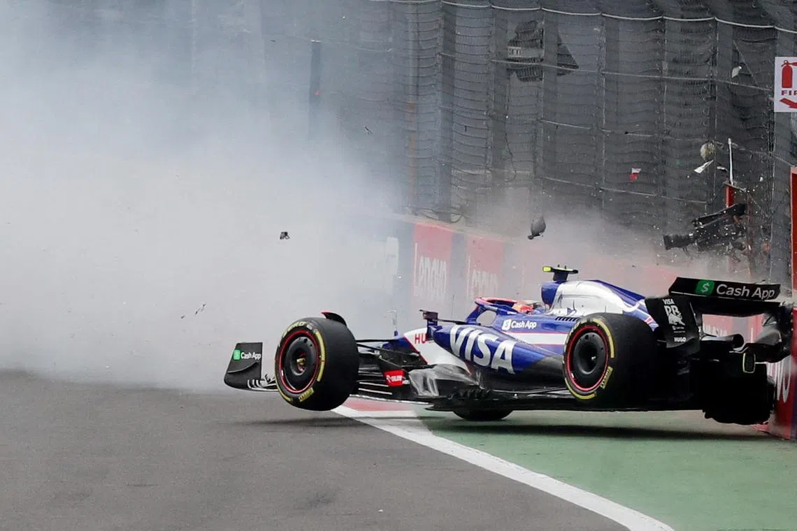 RB's Yuki Tsunoda crashing at the start of the race, during the Mexico City Grand Prix held at the Autodromo Hermanos Rodriguez, in Mexico City, Mexico, on Oct 27, 2024.