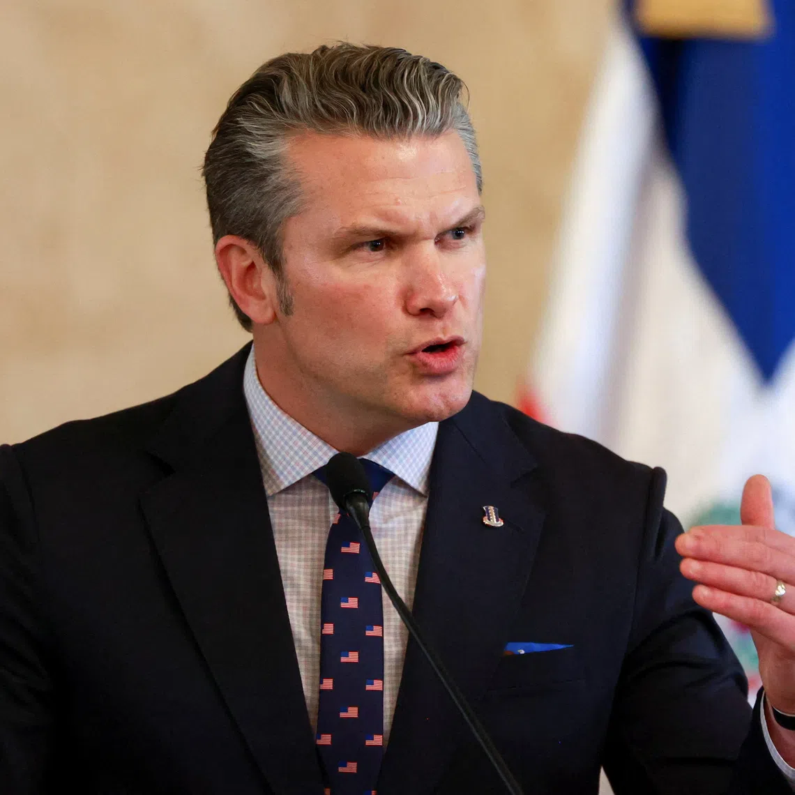 U.S. Secretary of Defense Pete Hegseth speaks during a meeting with Dominican Republic President Luis Abinader at the National Palace, in Santo Domingo, Dominican Republic November 26, 2025. REUTERS/Erika Santelices