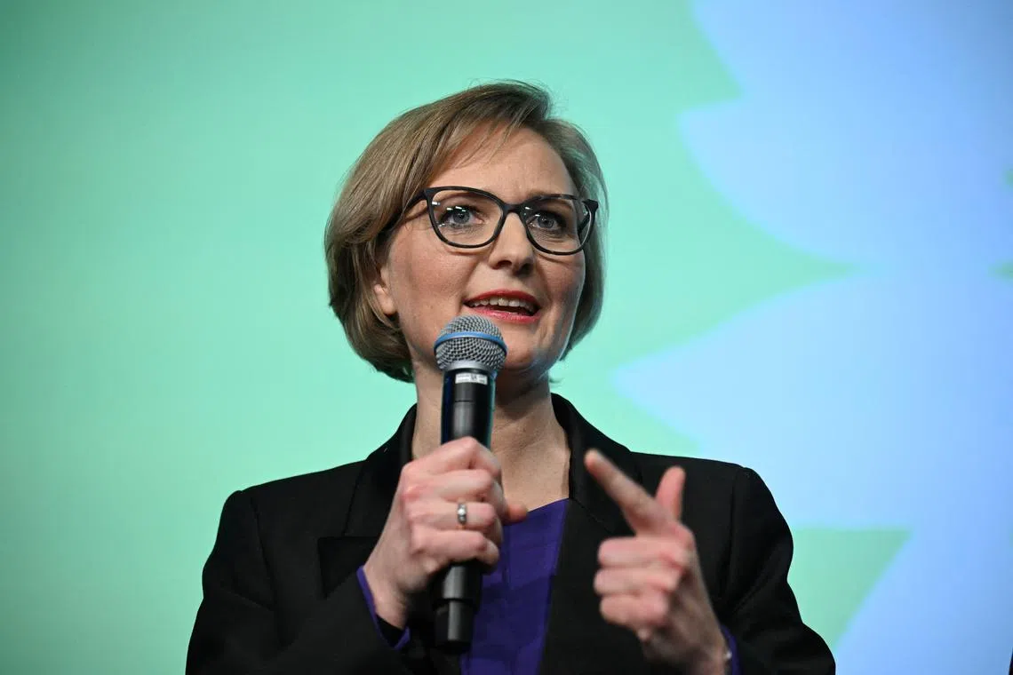 FILE PHOTO: Co-leader of the Greens party Franziska Brantner speaks after exit poll results are announced for the 2025 general election, in Berlin, Germany February 23, 2025. REUTERS/Annegret Hilse/File Photo