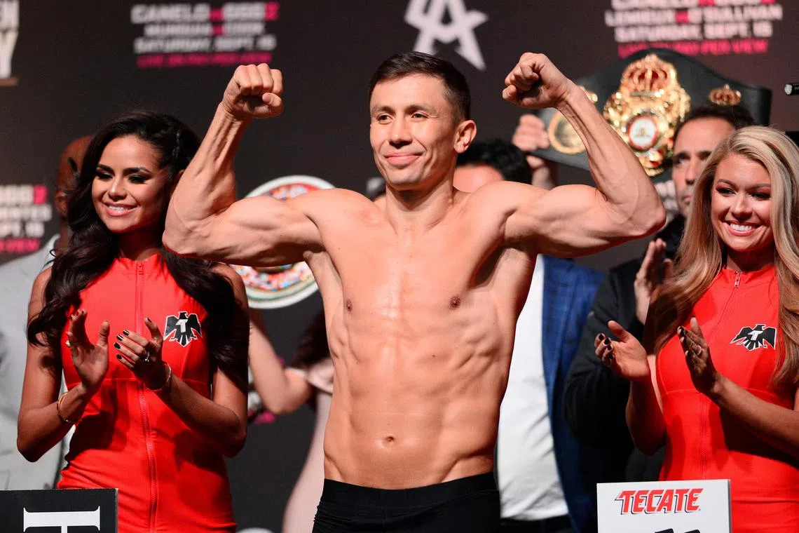 FILE PHOTO: Sep 14, 2018; Las Vegas, NV, USA; Gennady Golovkin weighs in for a middleweight world title boxing match against Canelo Alvarez (not pictured) at T-Mobile Arena. Mandatory Credit: Joe Camporeale-USA TODAY Sports/File Photo