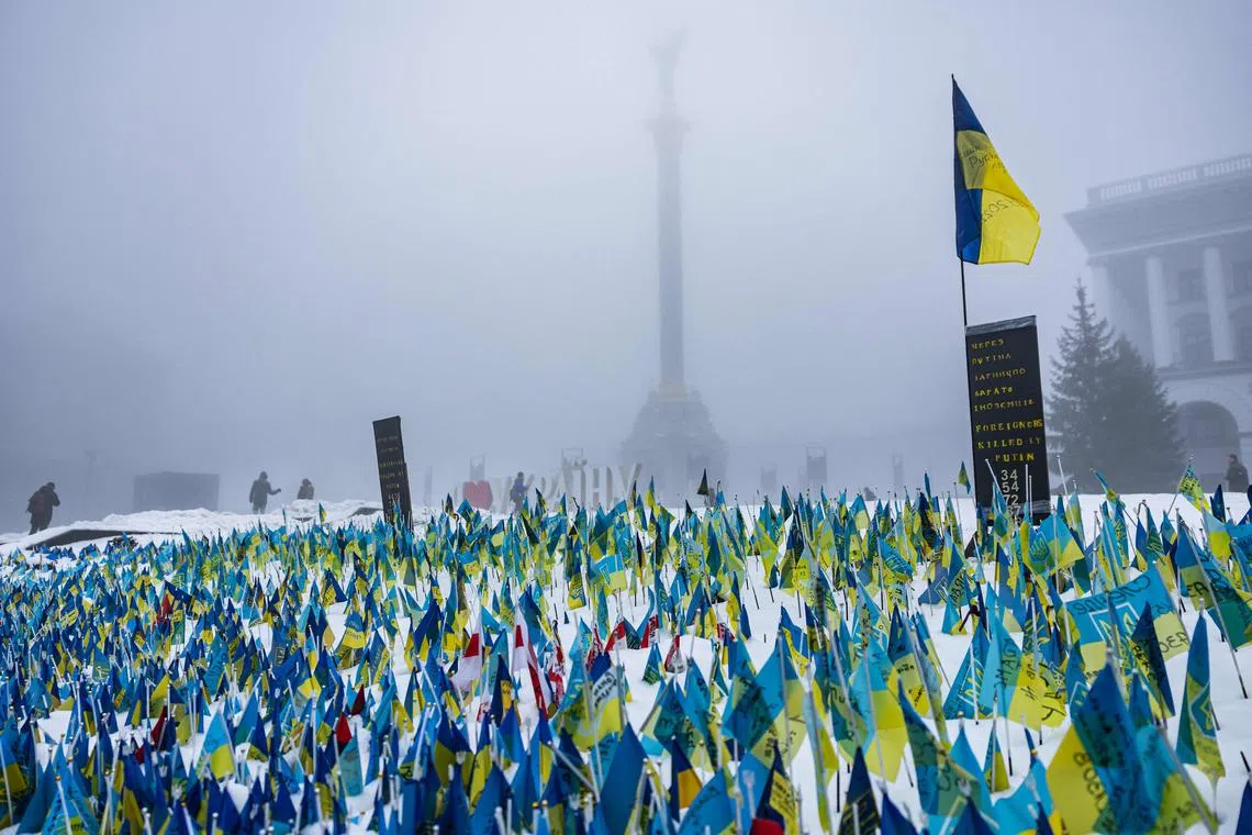 Flags are displayed at Kyiv's Maidan square, on Dec 17, 2022, in memory of those killed since the Russian invasion of Ukraine.