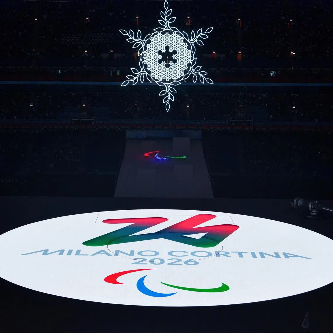 Beijing 2022 Winter Paralympic Games - Closing Ceremony - National Stadium, Beijing, China - March 13, 2022. The Milano Cortina 2026 logo is displayed during the closing ceremony. Bob Martin/OIS/Handout via REUTERS