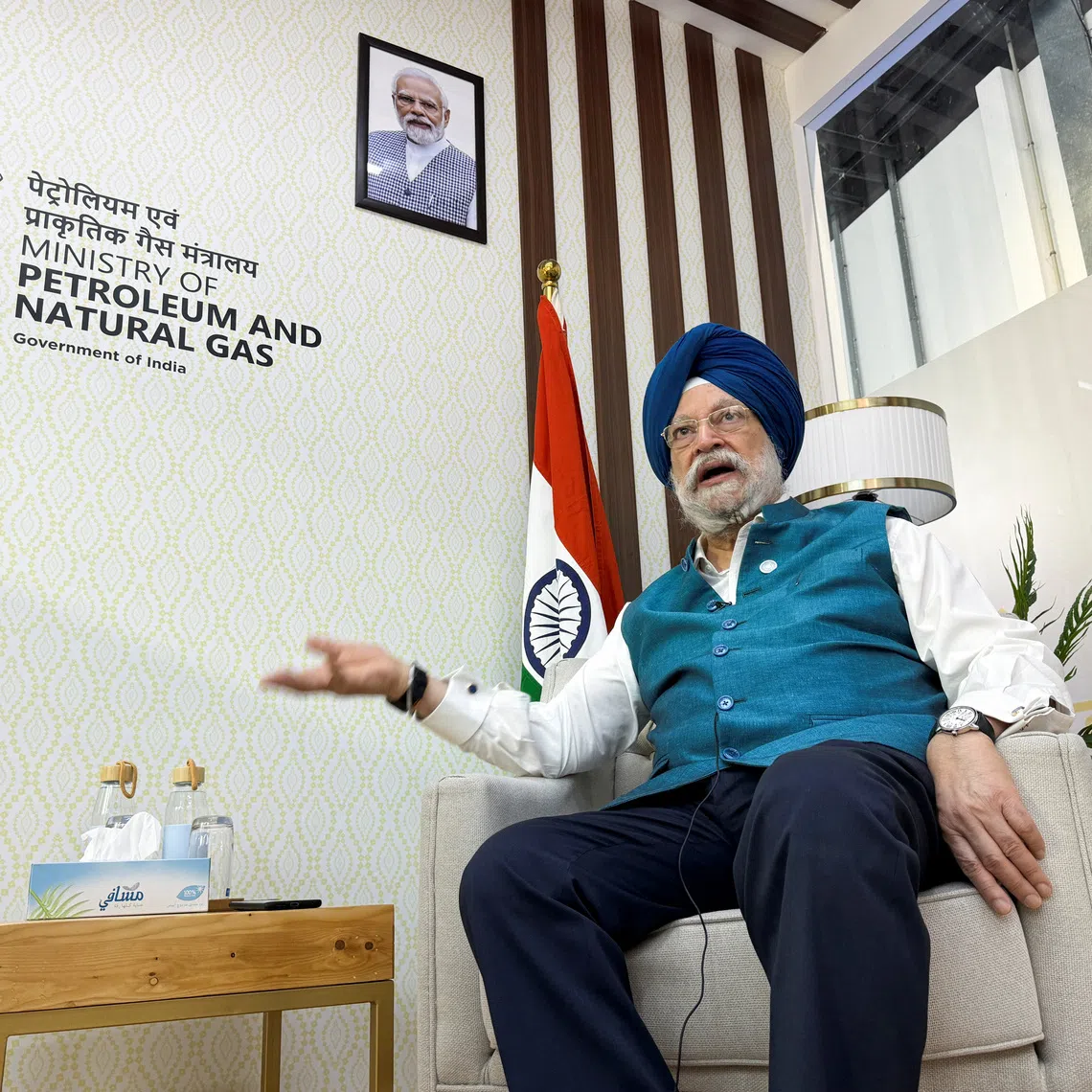 India's Minister of Petroleum & Natural Gas Hardeep Singh Puri gestures during an interview with Reuters on the sidelines of the ADIPEC conference in Abu Dhabi, United Arab Emirates, November 4, 2024. REUTERS/Abdel Hadi Ramahi