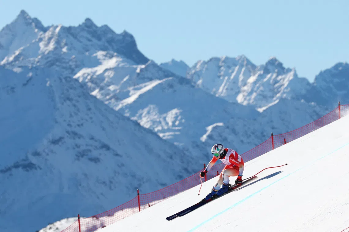 Alpine Skiing - FIS Alpine Ski World Cup -  Women's Downhill training - St. Moritz, Switzerland - December 10, 2025 Switzerland's Michelle Gisin in action during training REUTERS/Denis Balibouse