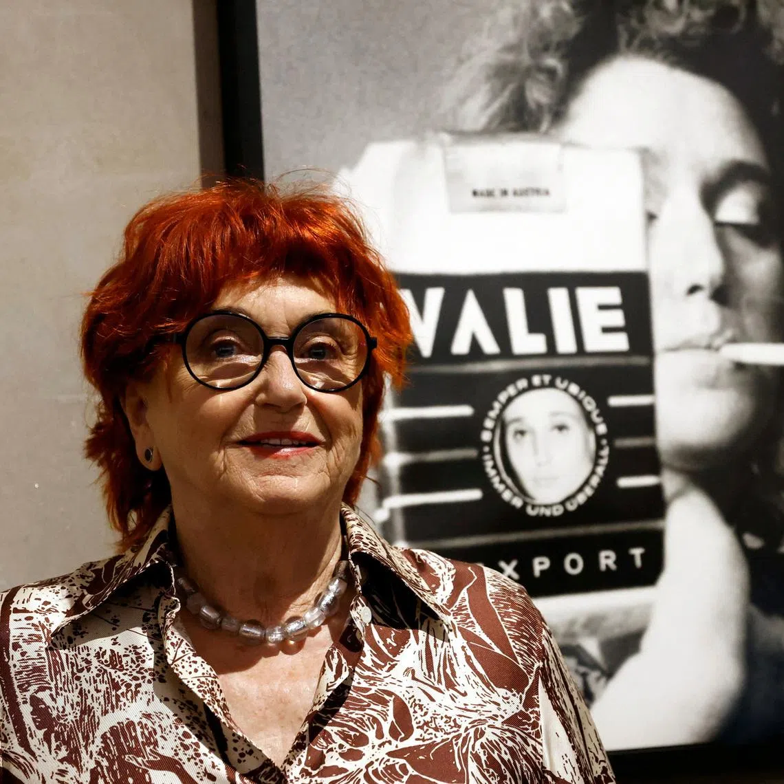 Austrian avant-garde artist Valie Export poses during a press preview of her exhibition 'VALIE EXPORT Retrospective' at the Albertina museum in Vienna, Austria, June 22. 2023. REUTERS/Leonhard Foeger