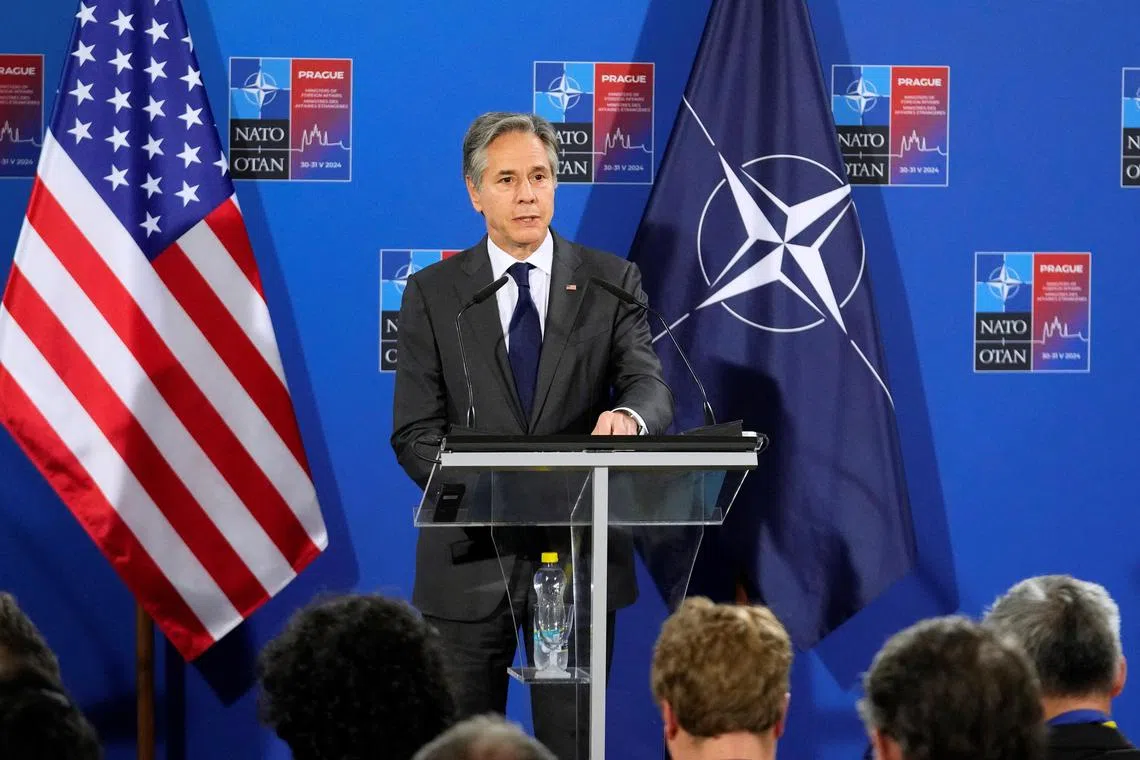 United States Secretary of State Antony Blinken addressing the media after an informal meeting of Nato foreign ministers in Prague.