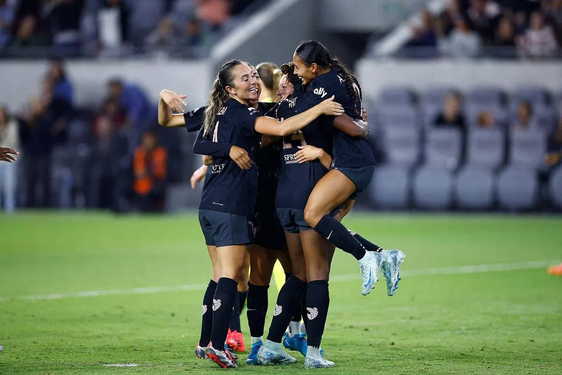 Messiah Bright (No. 24) of Angel City FC celebrating a goal against the Washington Spirit at BMO Stadium on Sept 27.