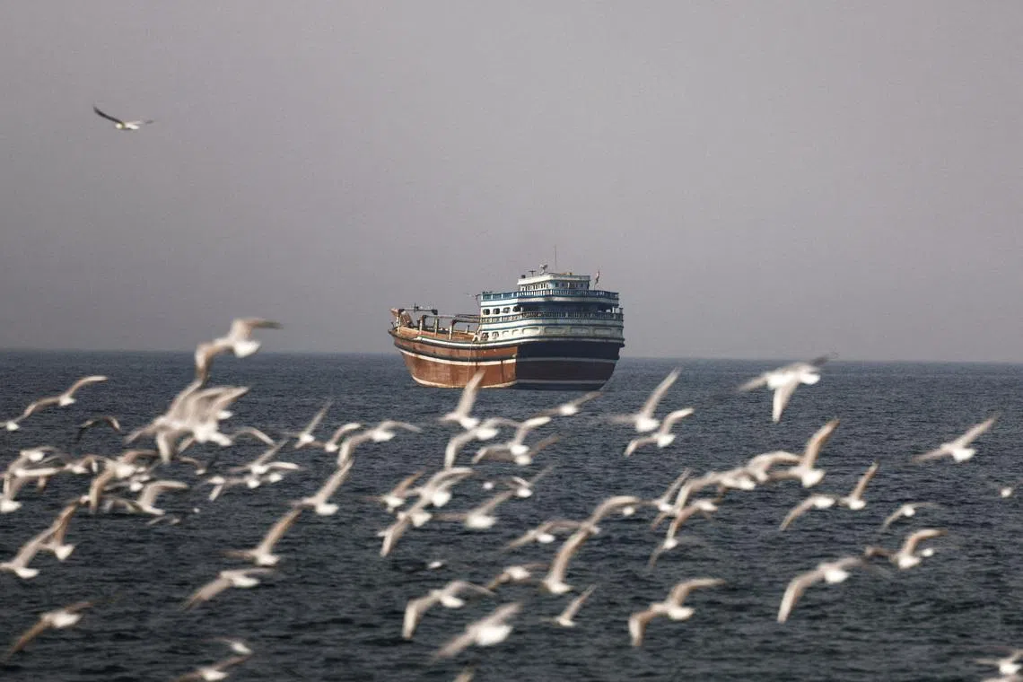 FILE PHOTO: Birds fly near a boat in the Strait of Hormuz amid the U.S.-Israeli conflict with Iran, as seen from Musandam, Oman, March 2, 2026.REUTERS/Amr Alfiky/File Photo