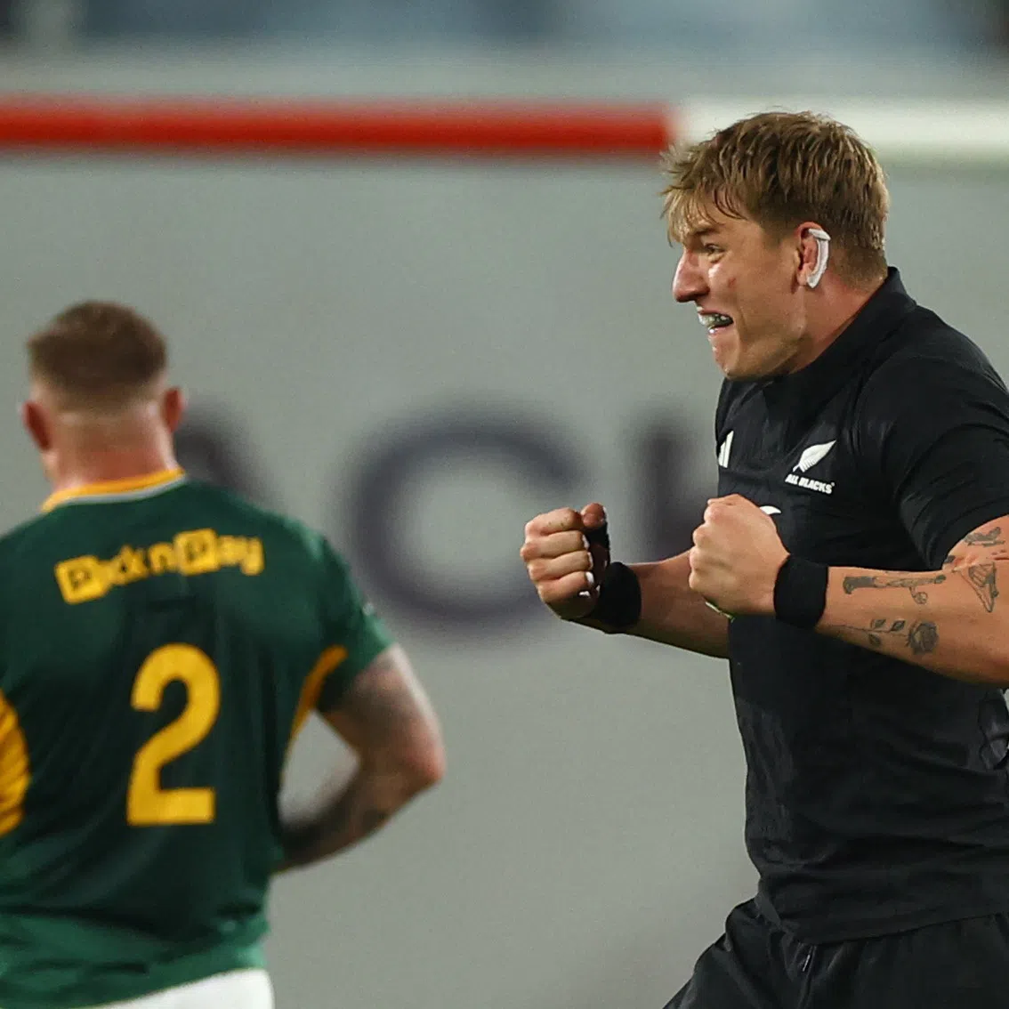 Rugby Union - New Zealand tour of South Africa - South Africa v New Zealand - Ellis Park Stadium, Johannesburg, South Africa - August 22, 2026  New Zealand's Fabian Holland celebrates after the match REUTERS/Siphiwe Sibeko