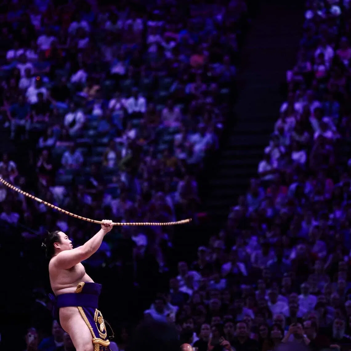 A sumo wrestler performing during the Bow-twirling ceremony, on day two of the 2026 Paris Sumo Tournament, in Paris, on June 14, 2026.