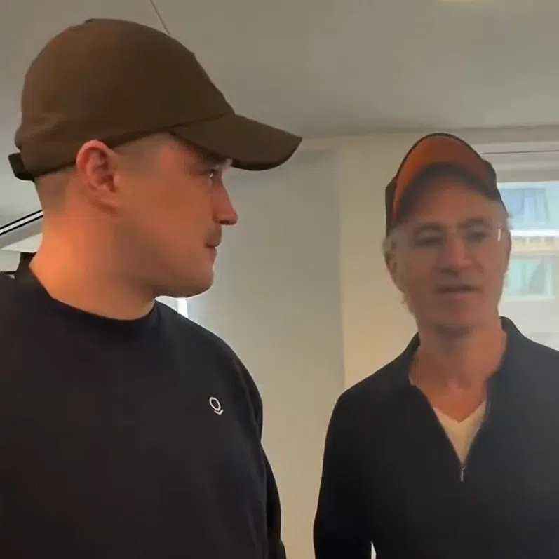 Former Ukrainian defence minister Mykhailo Fedorov (left) and Palantir chief Alex Karp in a video posted by Fedorov on his X account.