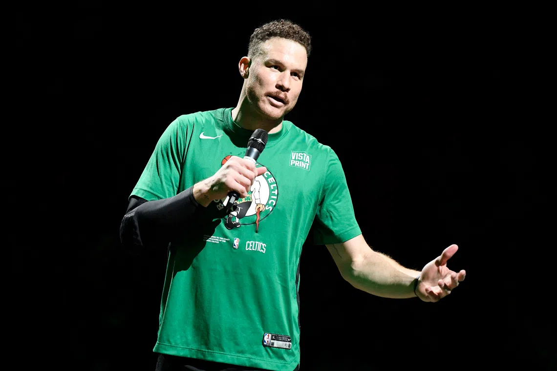 Apr 9, 2023; Boston, Massachusetts, USA; Boston Celtics forward Blake Griffin (91) addresses the fans prior to a game against the Atlanta Hawks at TD Garden. Mandatory Credit: Bob DeChiara-USA TODAY Sports
