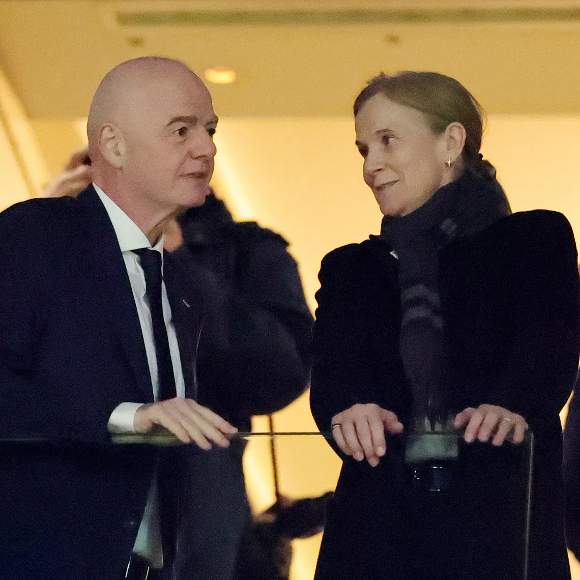 FIFA President Gianni Infantino and England’s Football Association Chair Debbie Hewitt in the stands before the Arsenal v Corinthians match on Feb 1 at the Emirates Stadium in London, Britian.