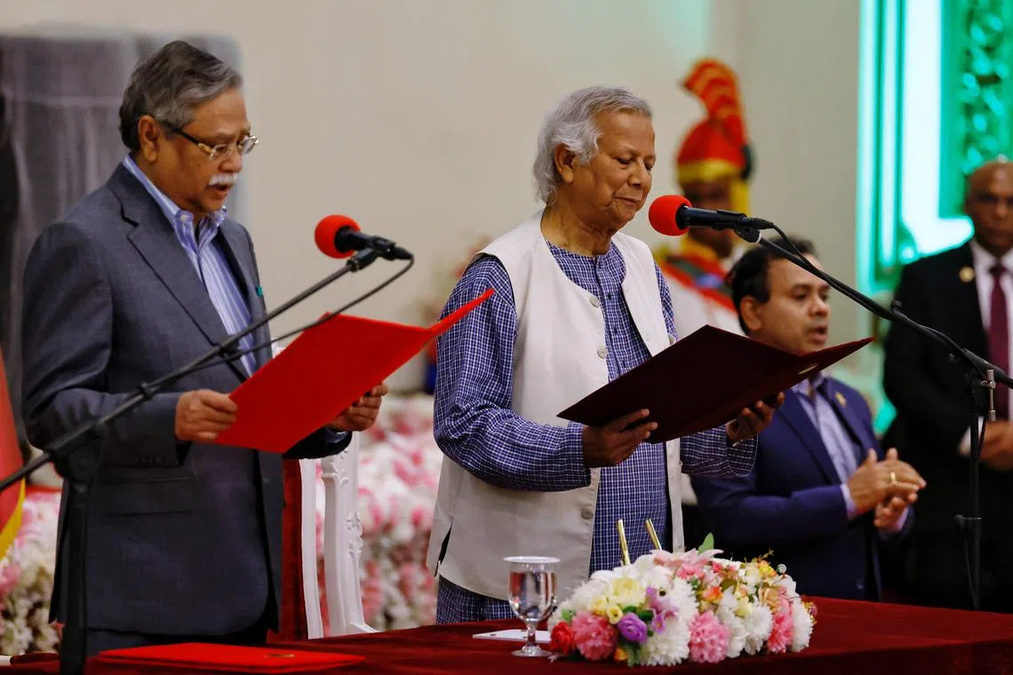 Bangladeshi President Mohammed Shahabuddin administers oath-taking ceremony of Nobel laureate Muhammad Yunus as the country?s head of the interim government in Bangladesh at the Bangabhaban, in Dhaka, Bangladesh, August 8, 2024. REUTERS/Mohammad Ponir Hossain/ File Photo