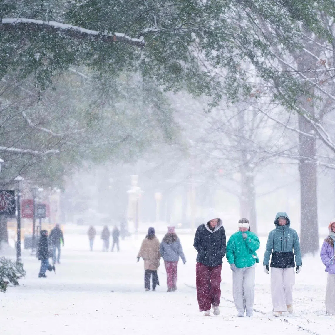 Students walk across the historic Horseshoe as snow falls at the University of South Carolina on Jan 31.