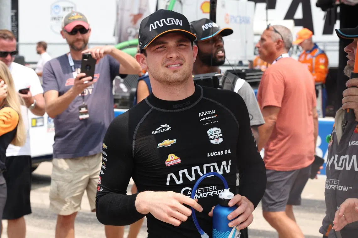 Jul 23, 2023; Newton, Iowa, USA;  Arrow McLaren SP driver Pato O'Ward (5) of Mexico waits for the start of the Hy-Vee One Step 250 at the Iowa Speedway. Mandatory Credit: Reese Strickland-USA TODAY Sports/File Photo