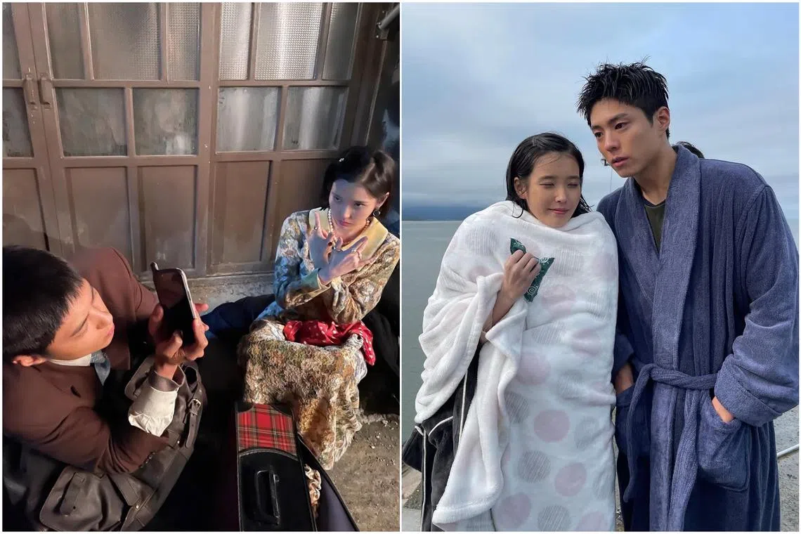 South Korean stars Park Bo-gum (far left and far right) and IU on the set of the hit K-drama When Life Gives You Tangerines.