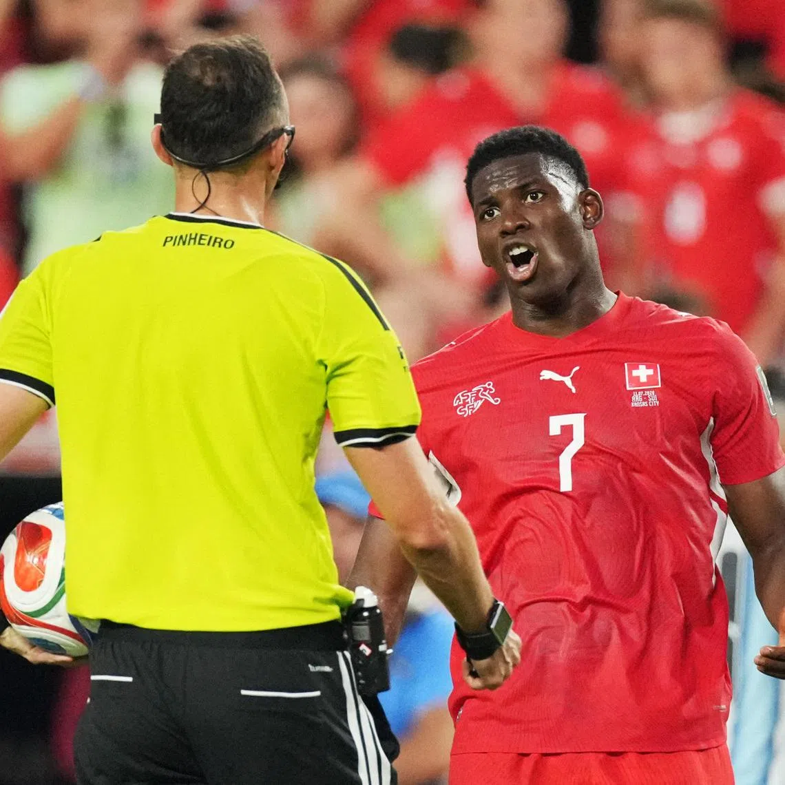 Soccer Football - FIFA World Cup 2026 - Quarter Final - Argentina v Switzerland - Kansas City Stadium, Kansas City, Missouri, U.S. - July 11, 2026 Switzerland's Breel Embolo remonstrates with referee Joao Pedro Silva Pinheiro IMAGN IMAGES via Reuters/Denny Medley