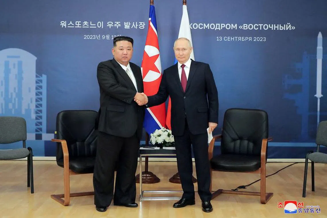 FILE PHOTO: Russia's President Vladimir Putin and North Korea's leader Kim Jong Un attend a meeting at the Vostochny Cosmodrome in the far eastern Amur region, Russia, September 13, 2023 in this image released by North Korea's Korean Central News Agency.   KCNA via REUTERS /File Photo