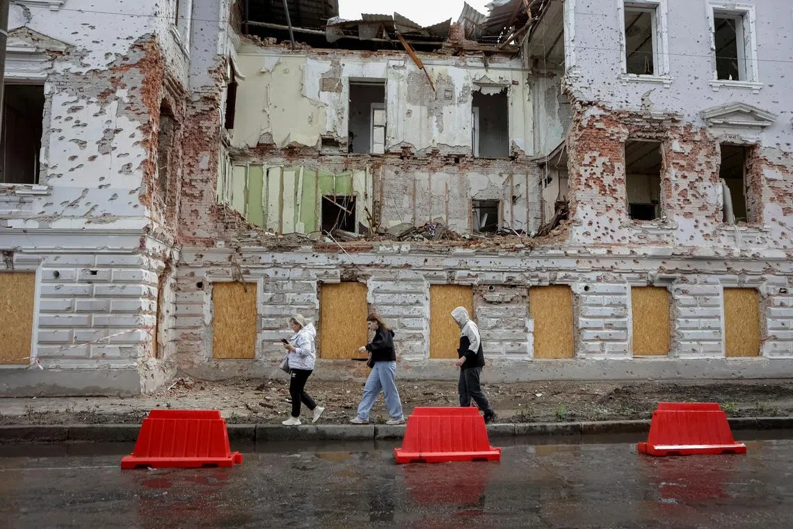 A building damaged by Russian missile strikes in Sumy, Ukraine, on June 13.