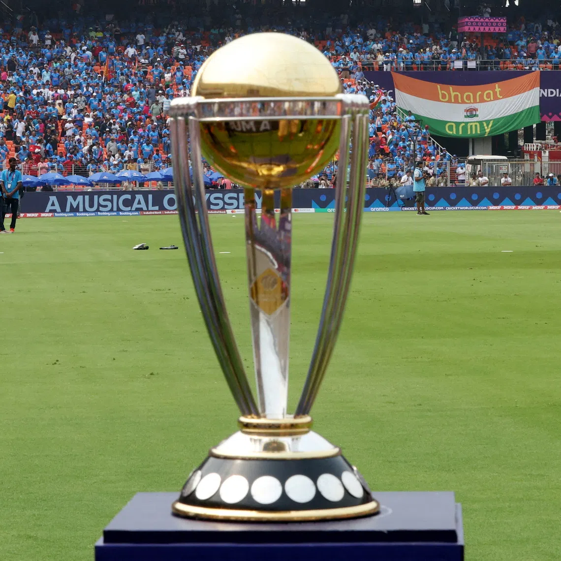 FILE PHOTO: Cricket - ICC Cricket World Cup 2023 - India v Pakistan - Narendra Modi Stadium, Ahmedabad, India - October 14, 2023 The ICC Cricket World Cup trophy is pictured inside the stadium before the match REUTERS/Amit Dave/File Photo