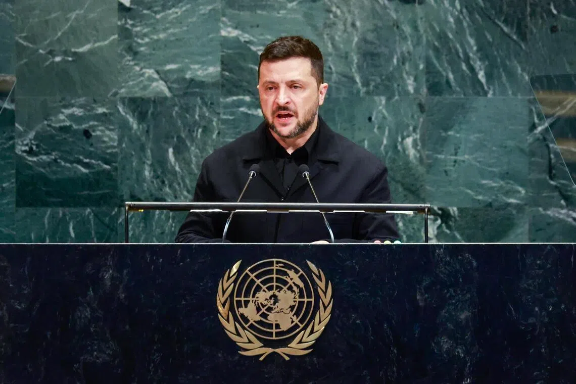 Ukrainian President Volodymyr Zelensky addressing the UN General Assembly in New York on Sept 24.