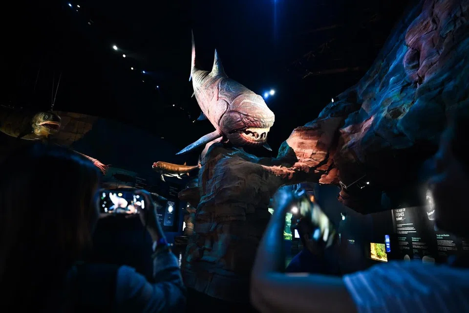 A large animatronic replica of an extinct prehistoric fish