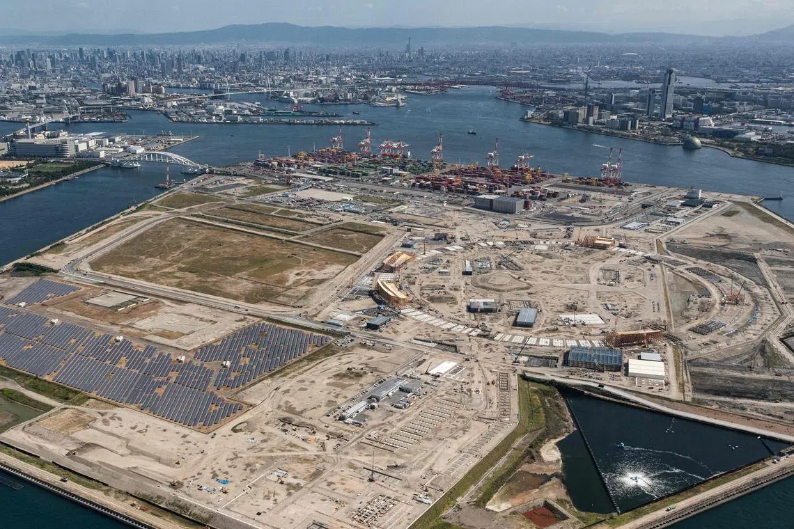 An aerial photograph, taken on Oct 12, of the construction works at the site of the Osaka World Expo, which is set to begin in April 2025 on Yumeshima, a man-made island in Osaka Bay.